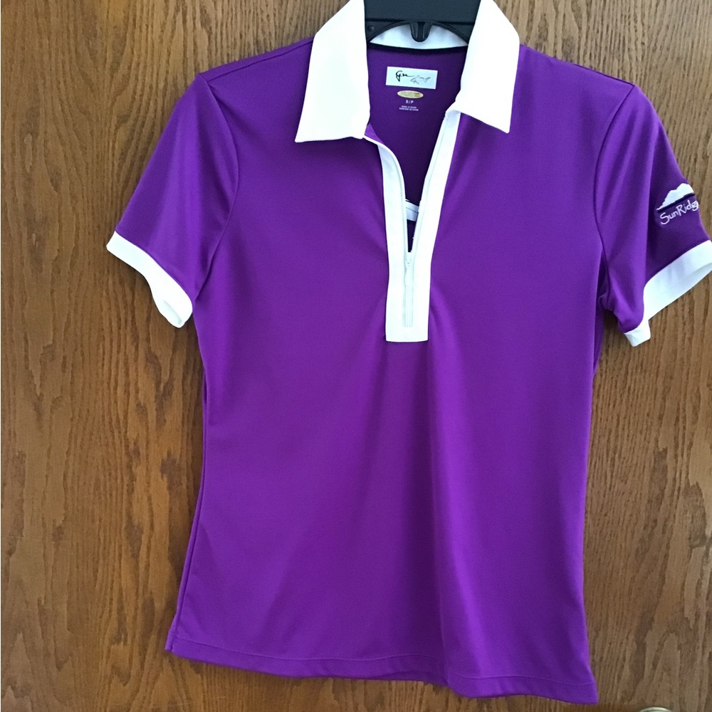 GREG NORMAN, play dri golf shirt, small, purple & white